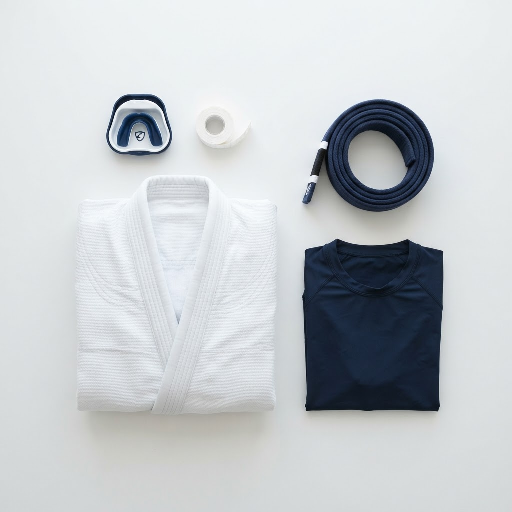 Flat lay del equipamiento de jiu-jitsu: gi, cinturón, protector bucal, tape y rashguard